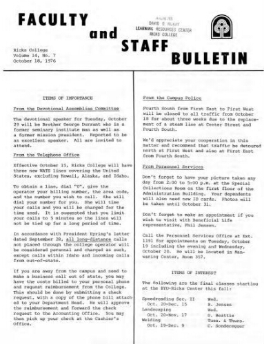 Faculty Bulletin, Volume 14, No. 7, October 18, 1976
