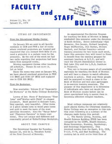 Faculty Bulletin, Volume 11, No. 19, January 21, 1974