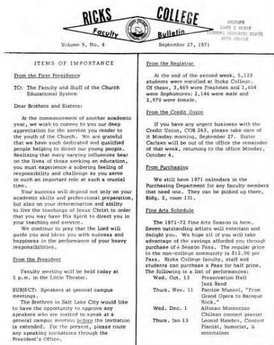 Faculty Bulletin, Volume 9, No. 4, September 27, 1971
