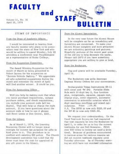 Faculty Bulletin, Volume 11, No. 31, April 15, 1974