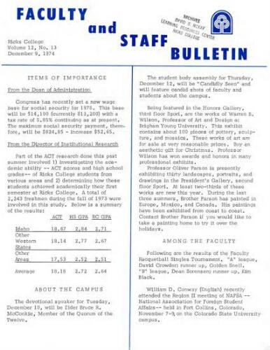 Faculty Bulletin, Volume 12, No. 13, December 9, 1974