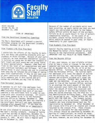 Faculty Bulletin, Volume 18, No. 14, December 12, 1980