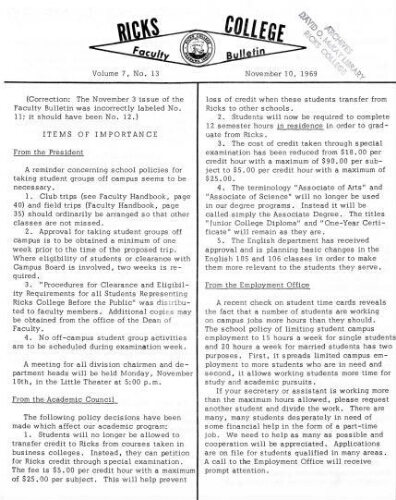 Faculty Bulletin, Volume 7, No. 13, November 10, 1969
