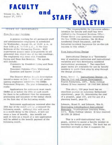 Faculty Bulletin, Volume 11, No. 1, August 27, 1973