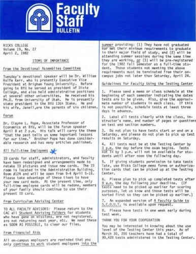 Faculty Bulletin, Volume 19, No. 27, April 2, 1982