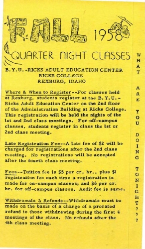 BYU-Ricks Adult Education Center, Fall Quarter Night Classes, 1958