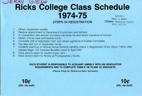 Ricks College Class Schedule 1974-75