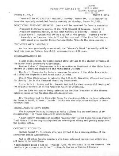 Faculty Bulletin, Volume 6, No. 5, March 6, 1969