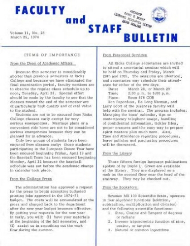 Faculty Bulletin, Volume 11, No. 28, March 25, 1974