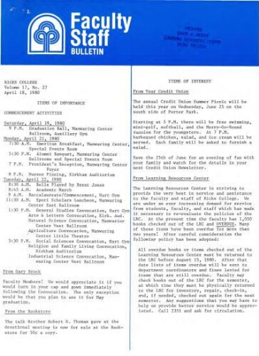 Faculty Bulletin, Volume 17, No. 27, April 18, 1980