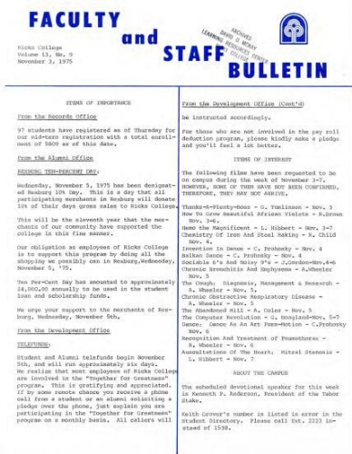 Faculty Bulletin, Volume 13, No. 9, November 3, 1975
