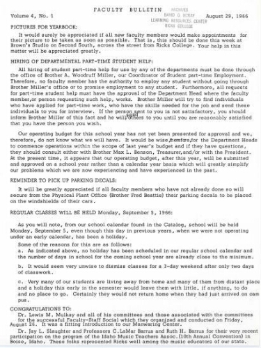 Faculty Bulletin, Volume 4, No. 1, August 29, 1966