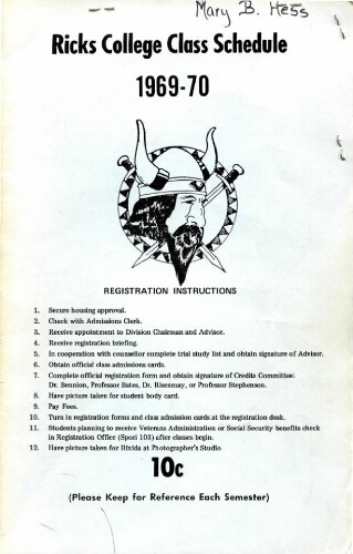 Ricks College Class Schedule 1969-70