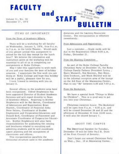 Faculty Bulletin, Volume 11, No. 16, December 17, 1973