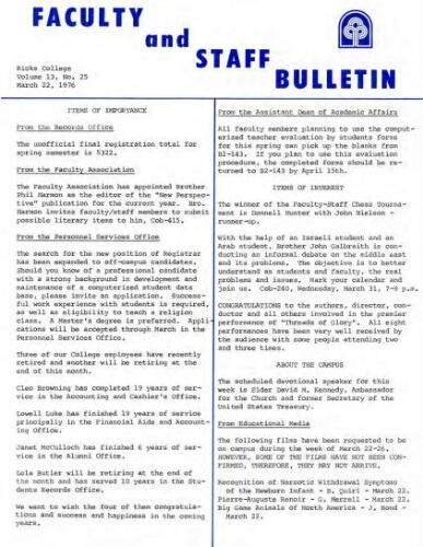 Faculty Bulletin, Volume 13, No. 25, March 22, 1976