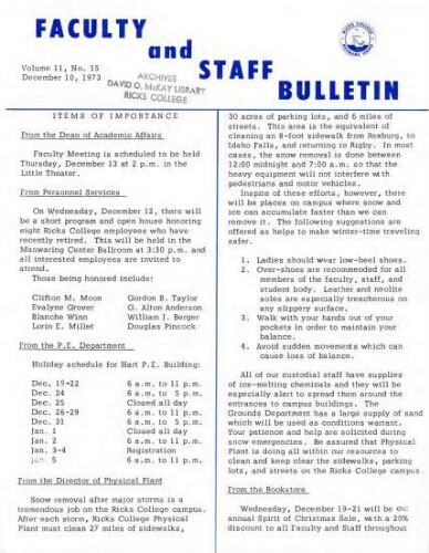 Faculty Bulletin, Volume 11, No. 15, December 10, 1973