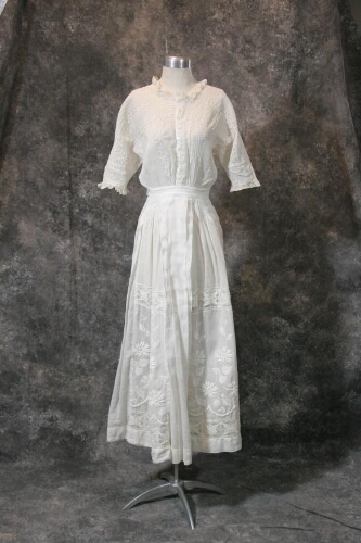 White Cotton Tea Dress With Embroidered Flowers