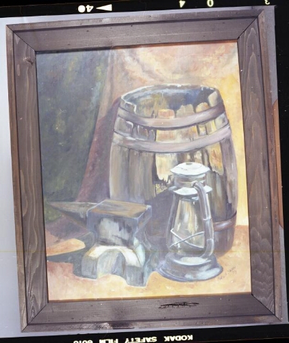 Painting of a barrel, lamp, and iron cast