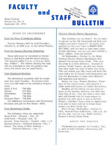 Faculty Bulletin, Volume 12, No. 4, September 30, 1974