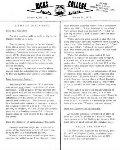 Faculty Bulletin, Volume 9, No. 16, January 24, 1972