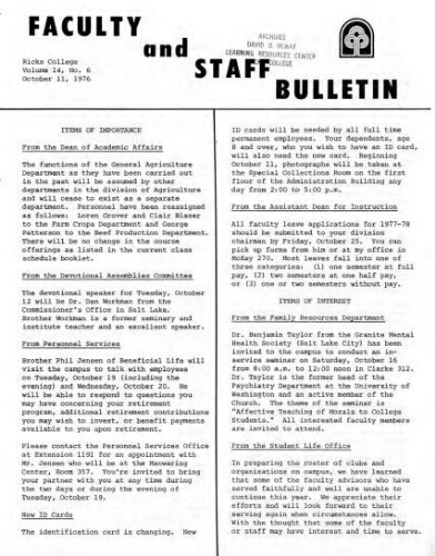 Faculty Bulletin, Volume 14, No. 6, October 11, 1976