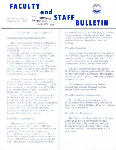 Faculty Bulletin, Volume 11, No. 9, October 22, 1973