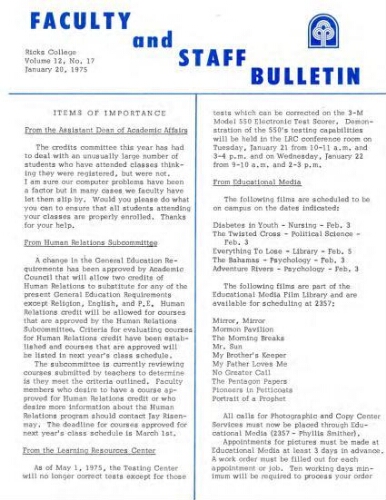 Faculty Bulletin, Volume 12, No. 17, January 20, 1975
