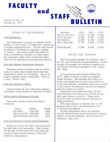 Faculty Bulletin, Volume 10, No. 16, January 22, 1973