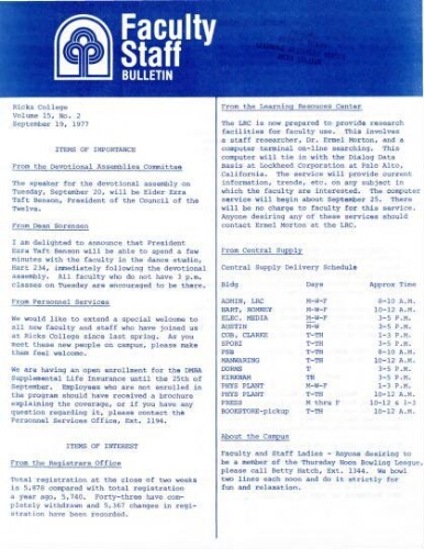 Faculty Bulletin, Volume 15, No. 2, September 19, 1977