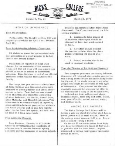 Faculty Bulletin, Volume 9, No. 24, March 20, 1972