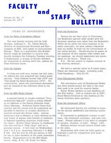 Faculty Bulletin, Volume 10, No. 17, January 29, 1973
