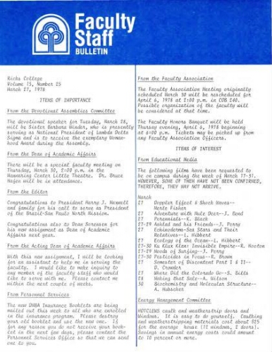 Faculty Bulletin, Volume 15, No. 25, March 27, 1978