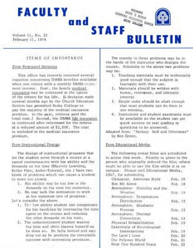Faculty Bulletin, Volume 11, No. 22, February 11, 1974