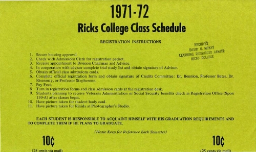 Ricks College Class Schedule 1971-72