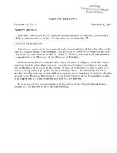 Faculty Bulletin, Volume 6, No. 4, December 4, 1968