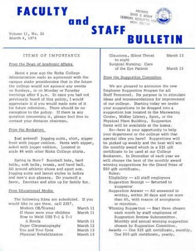 Faculty Bulletin, Volume 11, No. 25, March 4, 1974