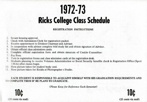 Ricks College Class Schedule 1972-73