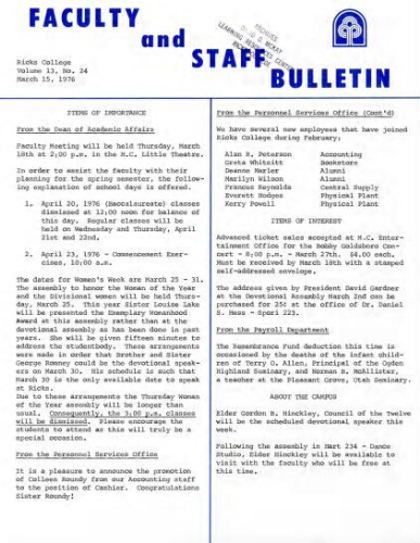 Faculty Bulletin, Volume 13, No. 24, March 15, 1976