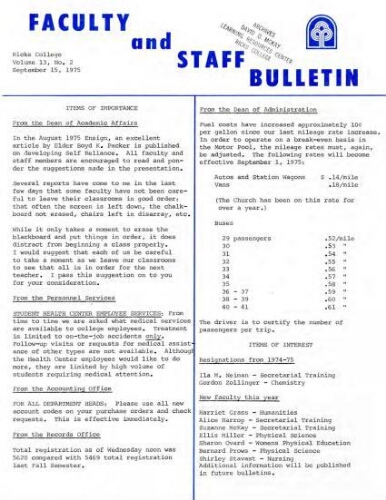 Faculty Bulletin, Volume 13, No. 2, September 15, 1975