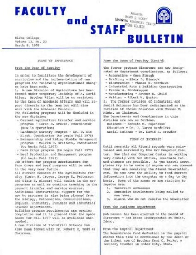 Faculty Bulletin, Volume 13, No. 23, March 8, 1976