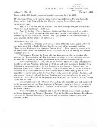 Faculty Bulletin, Volume 2, No. 12, March 31, 1965