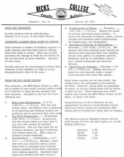 Faculty Bulletin, Volume 8, No. 17, January 18, 1971