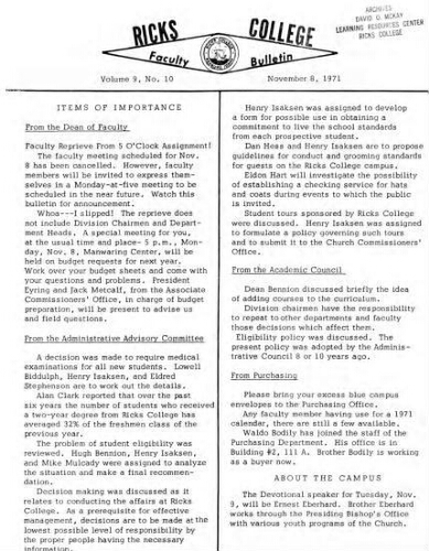 Faculty Bulletin, Volume 9, No. 10, November 8, 1971