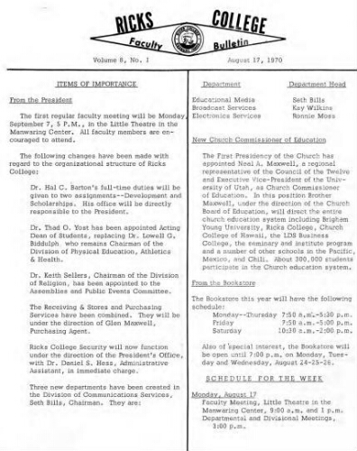 Faculty Bulletin, Volume 8, No. 1, August 17, 1970
