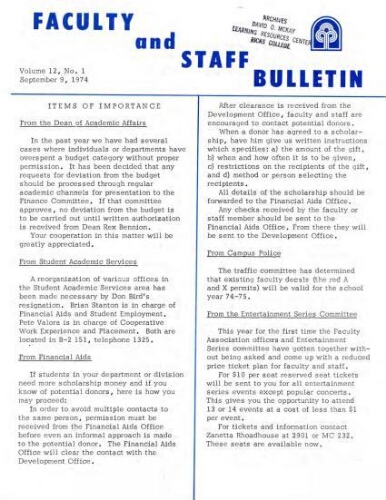 Faculty Bulletin, Volume 12, No. 1, September 9, 1974