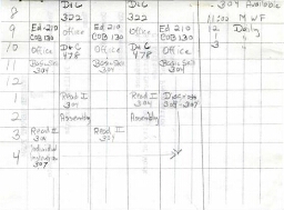 Handwritten class schedule for an unknown student, 1969