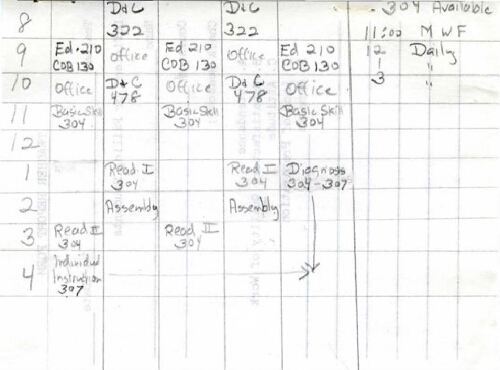 Handwritten class schedule for an unknown student, 1969
