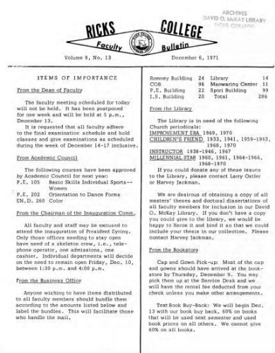 Faculty Bulletin, Volume 9, No. 13, December 6, 1971