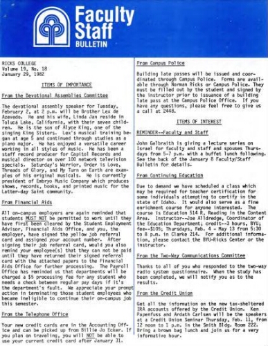 Faculty Bulletin, Volume 19, No. 18, January 29, 1982